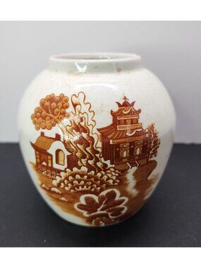 Vtg Royal Cauldon Bristol Ironstone Ginger Jar 5" Tall Red Willow style 1652